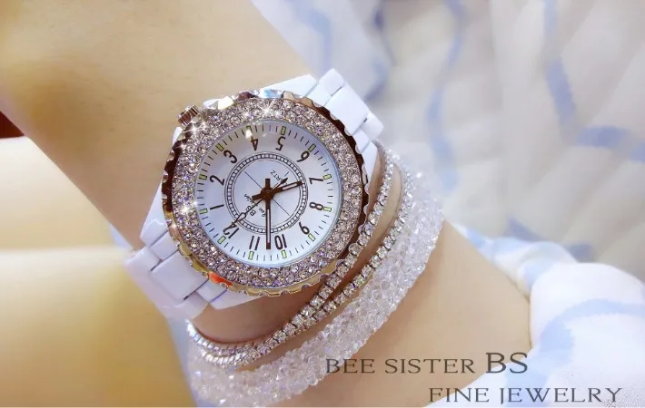 Goede Vrouwen Strass Horloges Dame Diamant Steen Jurk Horloge Zwart Wit Keramische Grote Wijzerplaat Armband Horloge dames Kristal Horloge