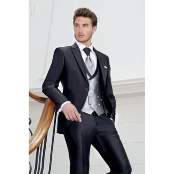 

New Style Groom Tuxedo navy blue Groomsmen Peak Lapel Wedding Dinner Suits Best Mens Bridegroom men suit (Jacket+Pants+Tie+Vest)