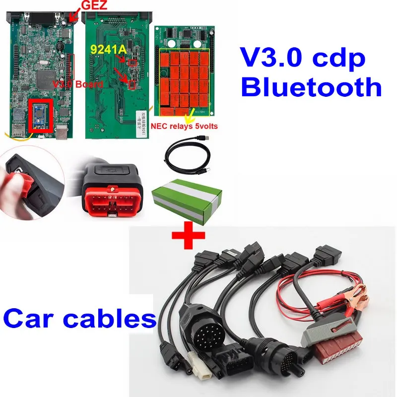 Двойной зеленый PCB V3.0 Nec Реле tcs cdp pro bluetooth R0 keygen автомобильные кабели как Multidiag pro obd2 сканер диагностический инструмент - Цвет: bluetooth  car cable