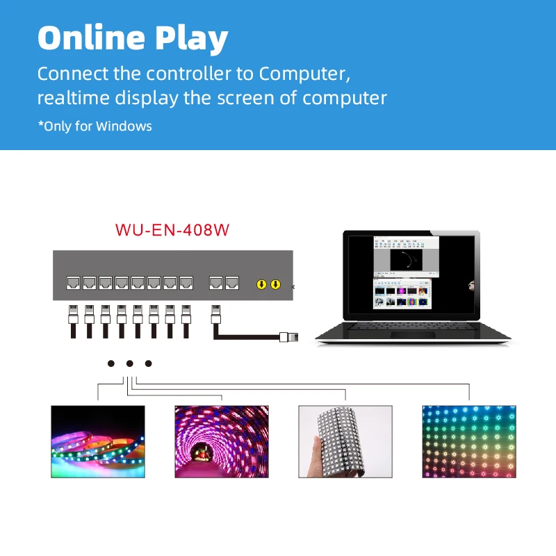 EN-408W Computer online control digital addressable strip light controller, 1024 pixel*8 CH, music control, concatenation