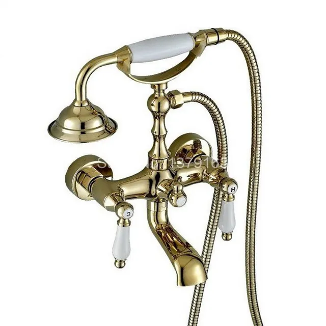 Gold Polished Brass Two Levers Wall Mounted Clawfoot Bath Tub Faucet ... Gold Polished Brass Two Levers Wall Mounted Clawfoot Bath Tub Faucet ...
