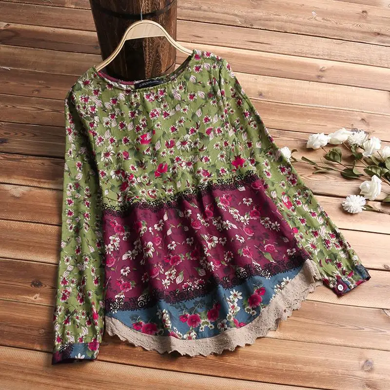 ZANZEA Женская винтажная блузка с цветочным принтом, Весенняя кружевная Лоскутная рубашка с длинным рукавом, Повседневный хлопковый льняной Топ, туника блуза
