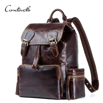 

CONTACT'S crazy horse leather men backpack for 13.3" laptop Portable vintage travel bags with Drawstring Drawstring port backbag