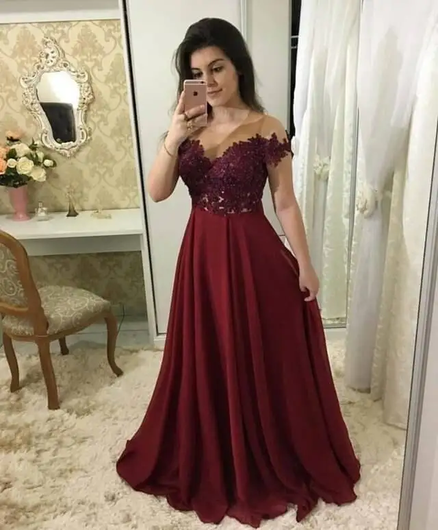 

New Style Burgundy Long Prom Dress A-line V-neck Chiffon Cheap Evening Formal Gowns