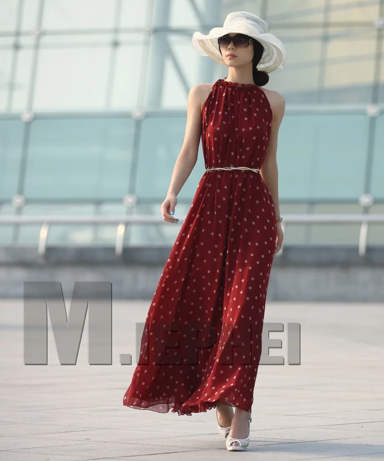 

Retail Fashion Women's Polka Dots Maxi Long Casual Summer Beach Party Chiffon Dress,Big Size Women Sundress,2Colors
