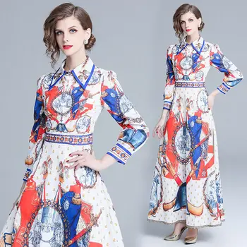 

womens ladies Designer spring autumn printed Floral runway long sleeves maxi Casual Cocktail party Swing dress clothes for women