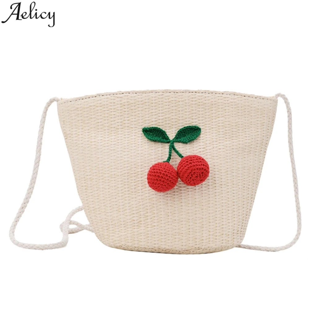 

Aelicy Messenger Bag Women Cherry Appliques Straw Woven Bag Ladies Casual Mobile Phone Case Fashion Pastoral Style Crossbody Bag