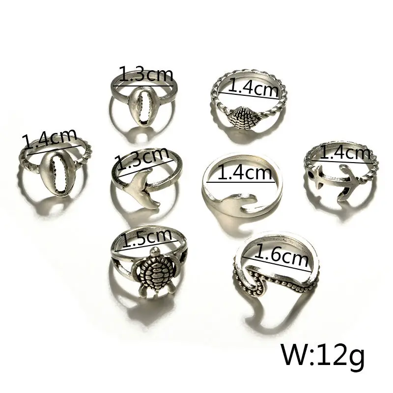 Winterxue 8PCS/SET Retro Fashion Turtle Shell Shark Knuckle Rings For Women Vintage Jewelry Silver Color Metal Punk Rings Set