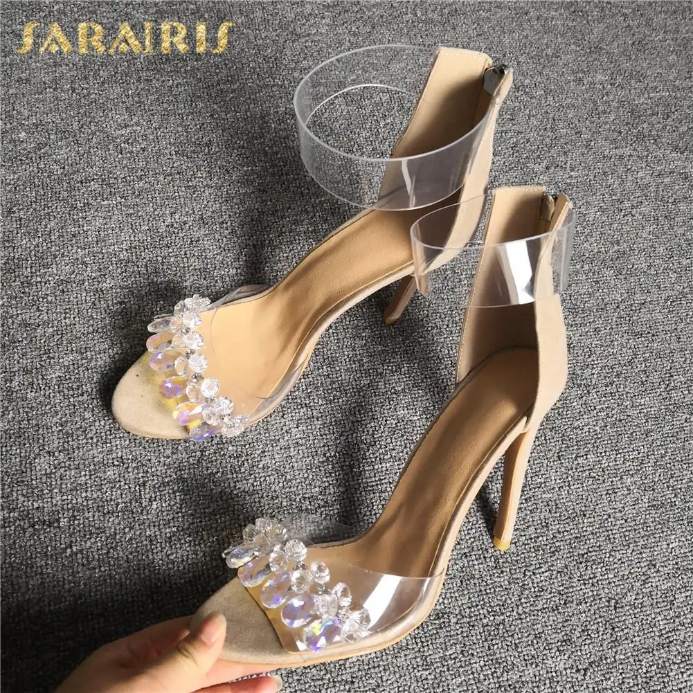 

Brand large Size 47 Sexy High Heel Women Shoes Sandals Top Quality PVC Crystals Lady Summer Party Thin Heels Zipper Shoes Woman