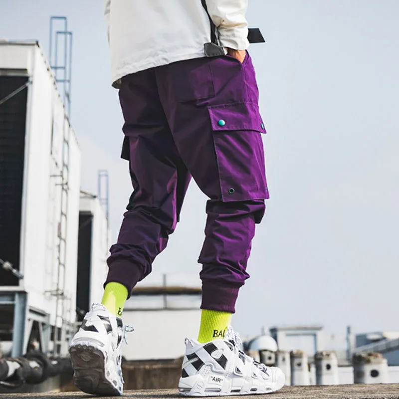 Pantalones Cargo con múltiples bolsillos para hombre, pantalón de correr  morado, cordón en la cintura, ropa de calle negra, novedad de otoño -  AliExpress Ropa de hombre