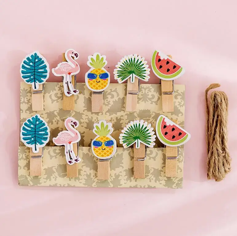 

10 pcs/pack Fruit Flamingo Wooden Clip Photo Craft DIY Decoration Notes Letter Paper Clip with Hemp Rope Office School Supplies