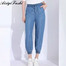Летние шаровары женские Винтажные эластичные талии женские свободные брюки Капри Женский хлопок женский джинсовый комбинезон для женщин