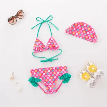

2019 Summer Baby Girl Swimwear Bikini Print Dot Kids Swimsuit Hat Sets Children Toddler Bathing Beach Wear Swimsuit Y845 Whosale