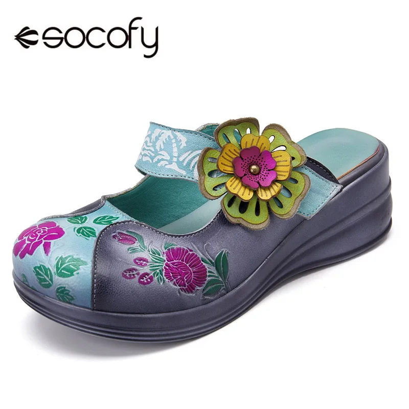 

Socofy Genuine Leather Round Toe Platform Slippers Women Shoes Hook&Loop Vintage Flower Bohemian Summer Beach Slippers Slides