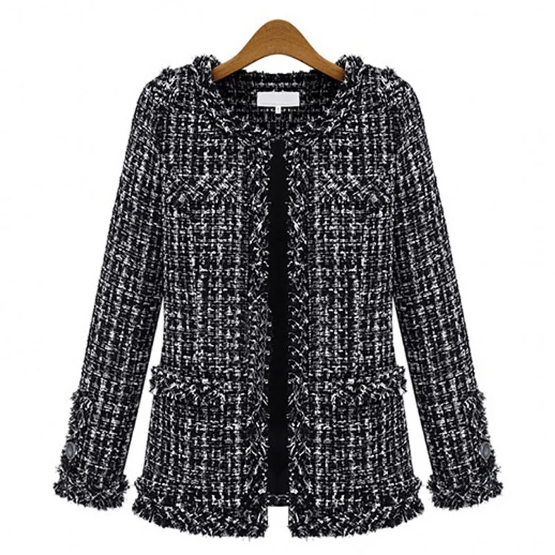2019 Women Fashion Coat Autumn Winter Thin Black Checkered Tweed Casual Plaid Jacket Outerwear FS0273