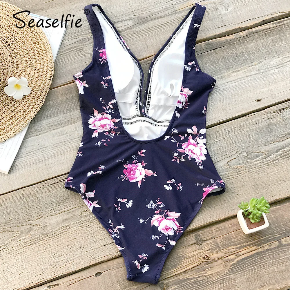 SEASELFIE Floral Print Hollow V neck One-Piece Swimsuit Women Purple Backless Monokini Swimwear Girl Beach Bathing Suits