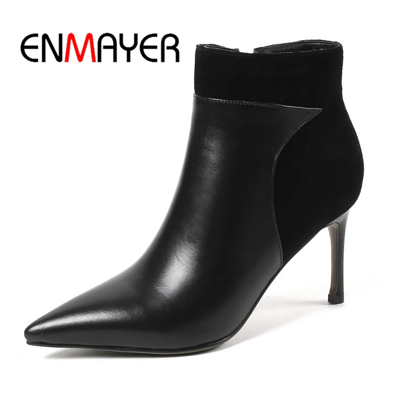 

ENMAYER New Fashion women top quality cow leather mixed colors pointed toe thin heel ankle boots Big size 34-43 ZYL 645