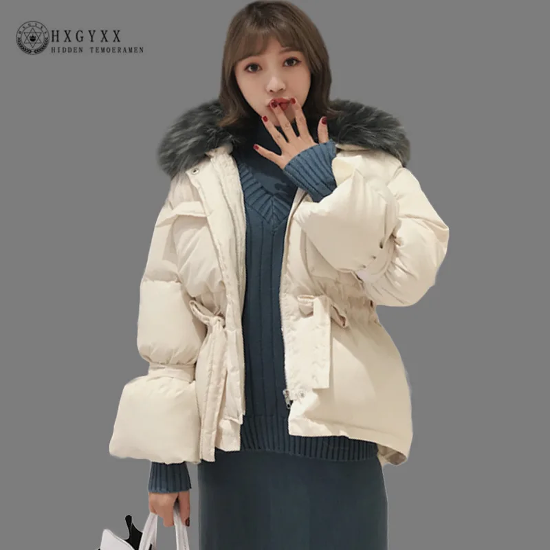 Elegant Hooded Fur Collar Female Parkas Cotton Padded Fur