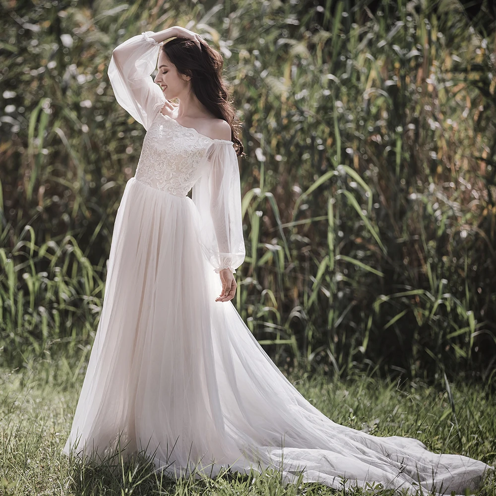 Luxury Boat Neck Sequin Beading Lace Vestidos De Novia Fairy Tulle Off The Shoulder Maxi Wedding Dresses Marriage Bridal Gowns | Свадьбы и