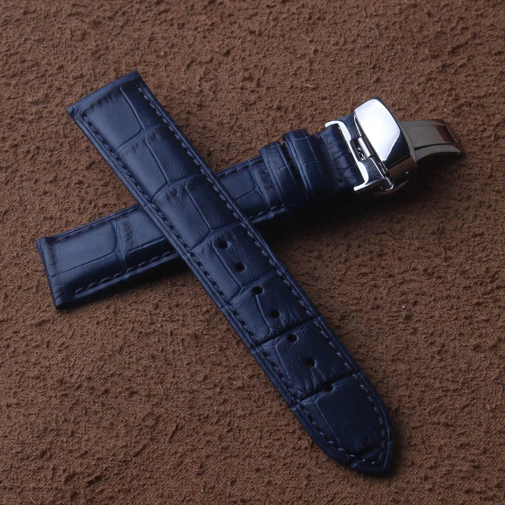 High quality Leather Genuine Watchbands straps dark blue silver butterfly buckles clasp 14mm 15mm 16mm 17mm 18mm 19mm 20mm 22mm