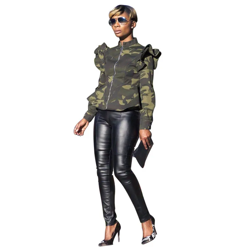 Plus Size Army Green Camouflage Bomber Jacket Women Streetwear Long Sleeve Ruched Zipper Slim Short Coats and Jackets Outerwear