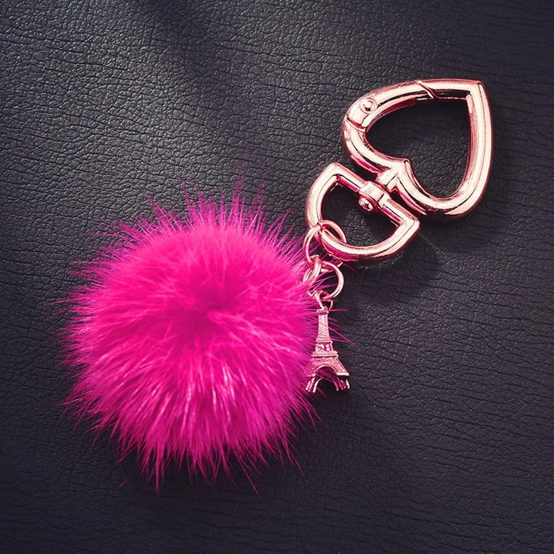

Fake Rabbit Ball Metal Keychain Eiffel Tower New Lover Car Keyrings Jewelry Gift Heart Fur Pompom Keychain For Women Gifts