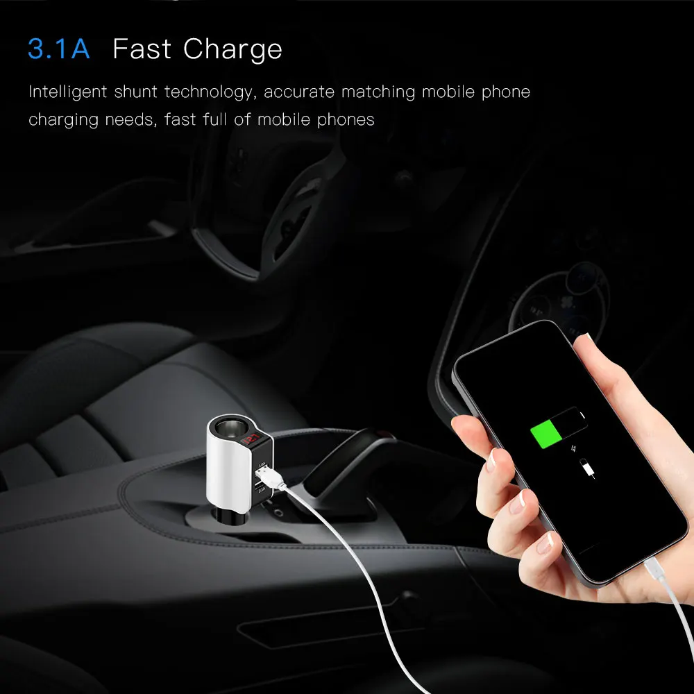 Автомобильное зарядное устройство 5 в 3,1 а с двумя usb-портами для iPhone, iPad, samsung, gps, DVR, поддержка отображения напряжения тока с 1 гнездом для прикуривателя