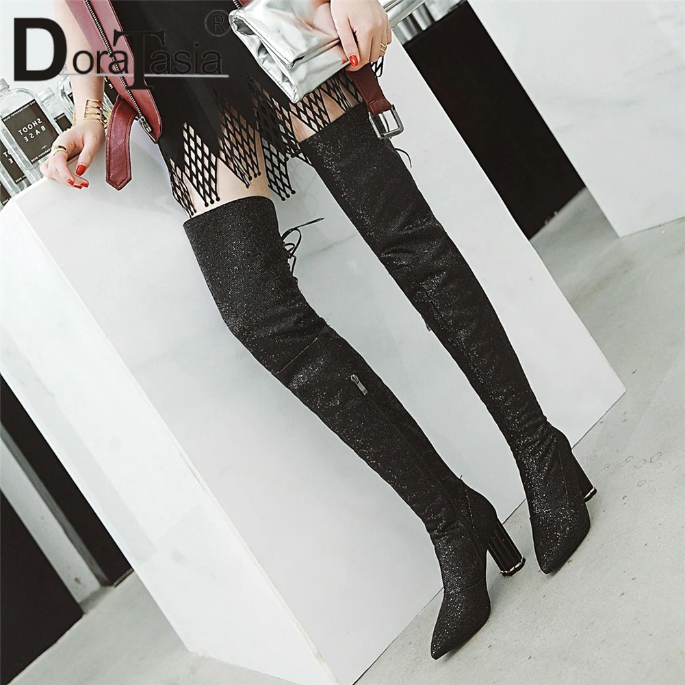

DoraTasia Sexy Autumn Winter Over Knee High Boots Pointed Toe High Square Heels Shinning Cover Boots Women Thick Fur Addable
