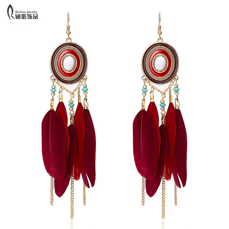 

Bohemia Red Feather Tassel Long Earrings For Women Ethnic Drop Earrings Jewelry Long Dangle Wedding Bride Party Gift