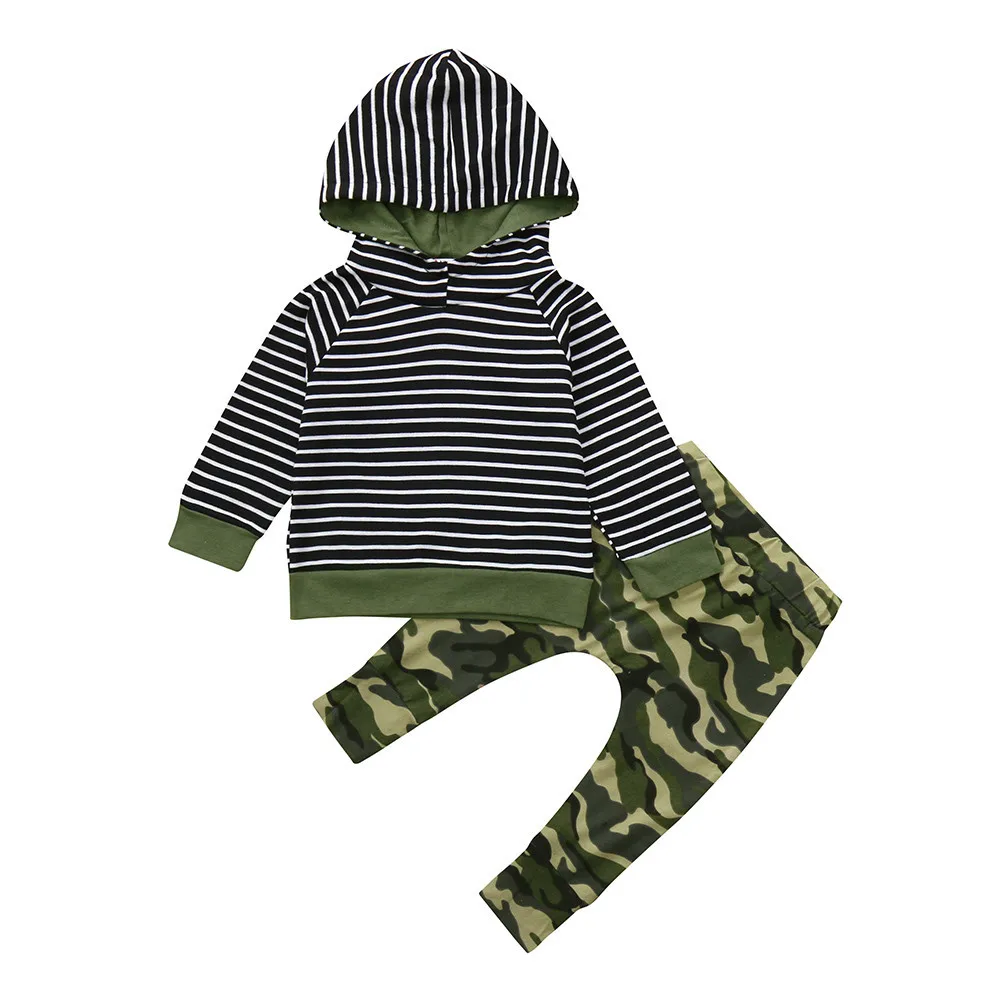 

Free Shipping 2Pcs Infant Baby Boys Girls Striped Hooded Tops Pullover Camouflage Pants Cotton Outfits Set 2018 Autumn Winter