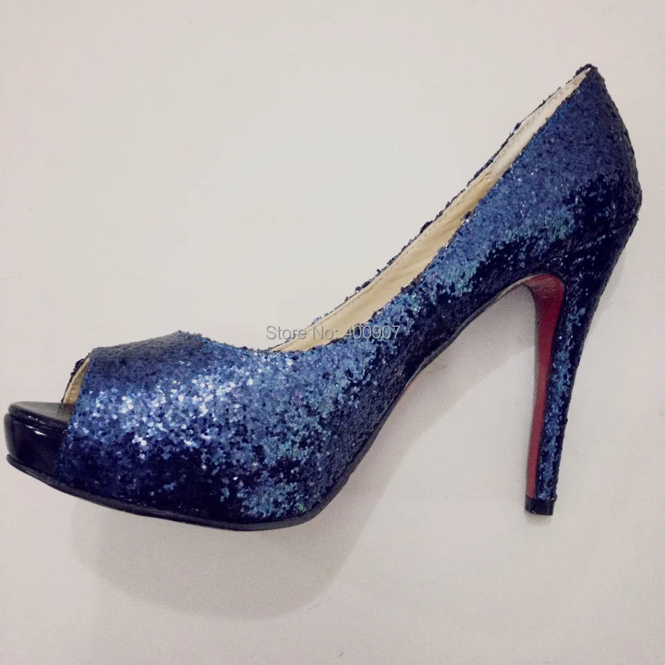 Royal blue glitter high heel peep toe wedding party shoes-in Women's