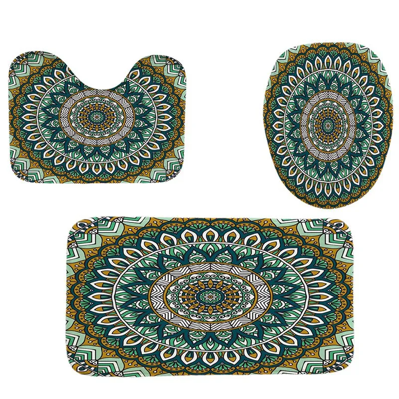 

4Pcs Home Bathroom Decor Set Green Mandala Pattern Toilet Seat Cover Bath Mat Set+ Waterproof Shower Curtaingreen Mandala