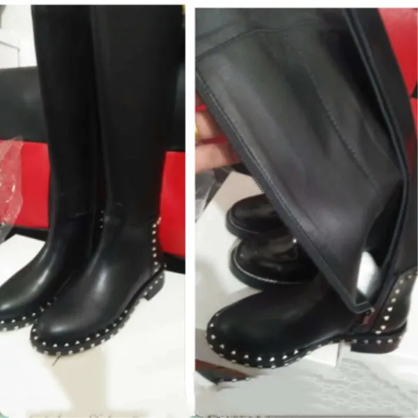 Модные брендовые сапоги до колена Для женщин круглый носок с серебряной цепочкой сапоги на плоской подошве из натуральной кожи; Botas Mujer; роскошная дизайнерская обувь для женщин - Цвет: as showLeather linin