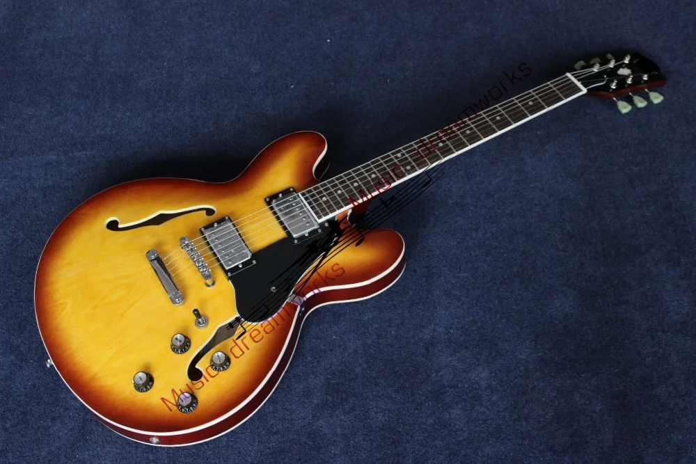 

China's guitar firehawk OEM High quality Custom Sunburst Semi Hollow E1S3 35 Jazz Guitar Ems free shipping