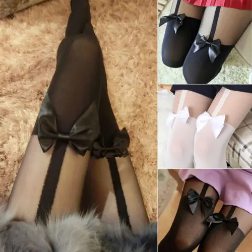 Женские сетчатые чулки с бантами Чулочные изделия ложные прозрачные черные
