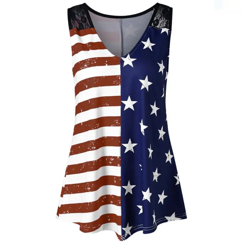 

Plus Size Summer Sleeveless Tops American Flag Print Independence Day Lace Women Tank Top Vest Women Clothing Camisas Mujer #410