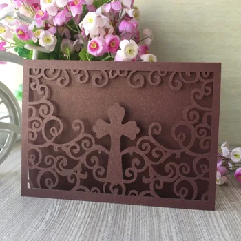 

50Pcs New Laser Cut Pearl paper Lace Wedding Party Birthday invitation cards Cross Design Christening & Baptism Blessing card