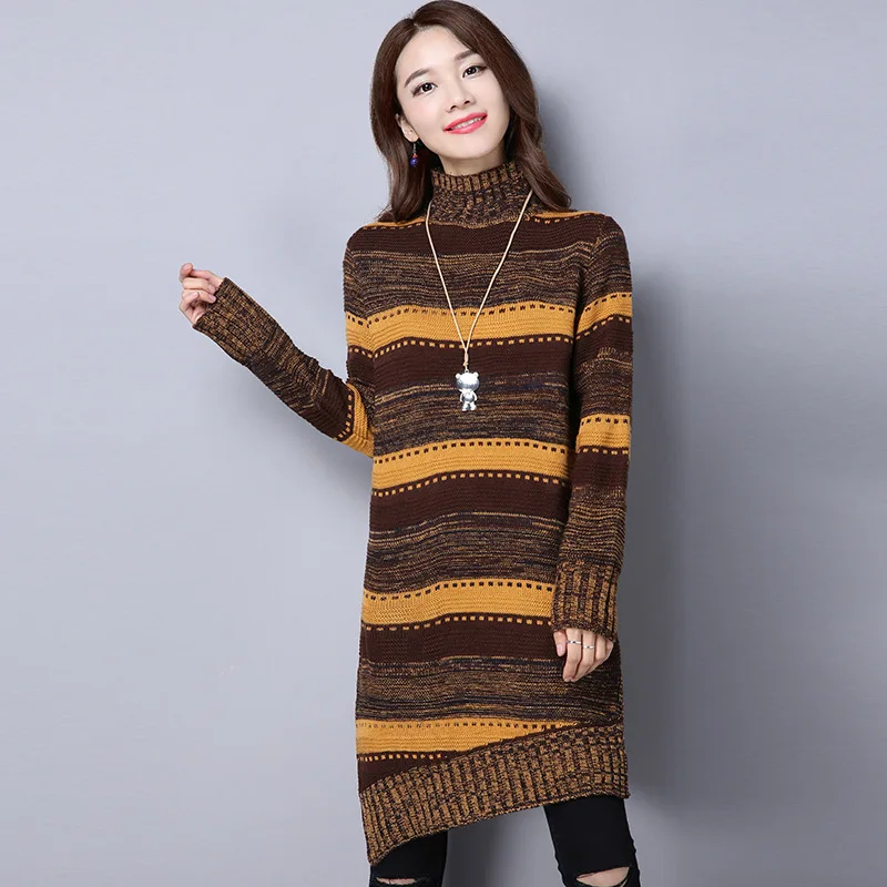 

Winter Dress Women Long Sleeve Sweater Dress High Neck Knitted Pullovers Female 2019 Fall Split Hem Striped Turtleneck Clothes