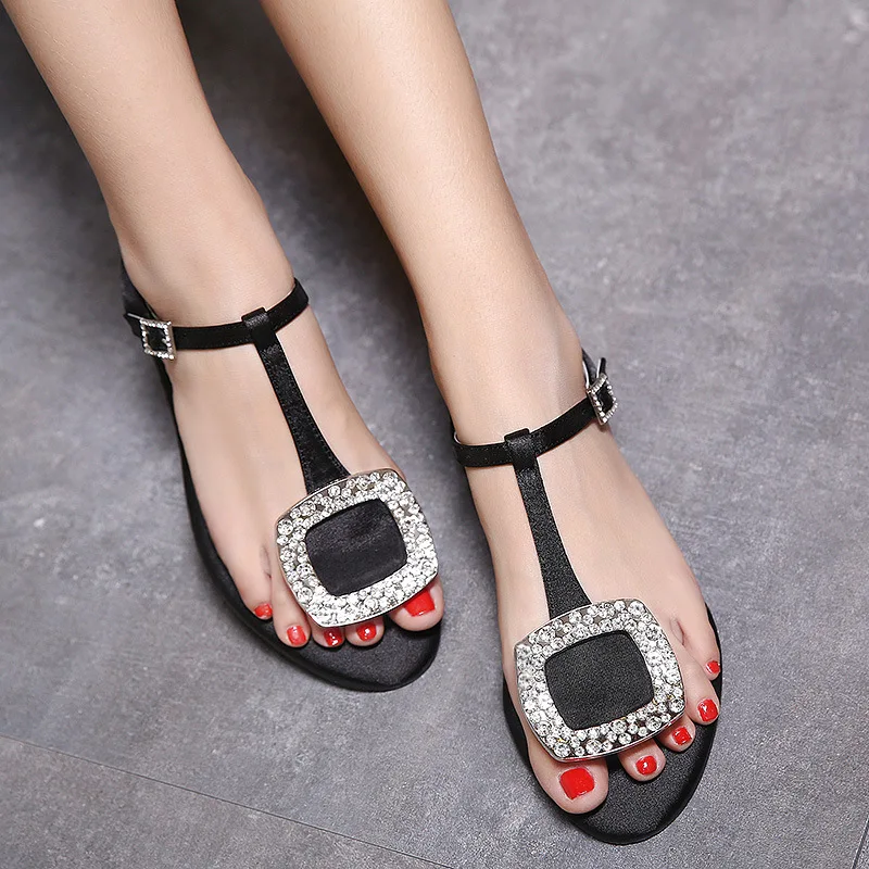 

brand square crystal buckle flat sandals women T-strap silk gladiator sandalias mujer bling rhinestone sandals plus size 42 s185