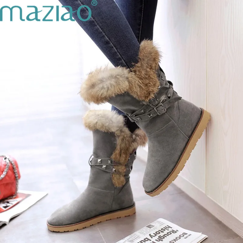 

2018 Women Slip-On Soft Round Toe Lady Flat Fur Warm Snow Boots Platform Mid-calf Boots Winter Slip Shoes Size 34-43 MAZIAO