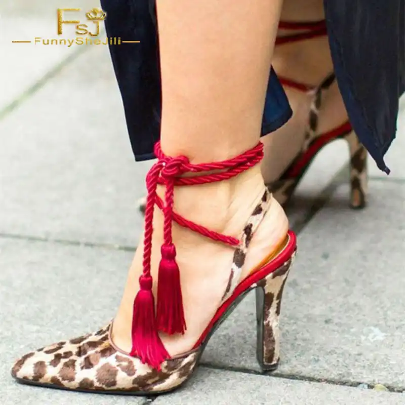 Fsj Zapatos Para Mujer 2018 Primavera Otoño Estampado De Leopardo Tacones Rojos Borlas Tiras Talones Slingback Zapatos De Talla Grande 42 43 44 Zapatos De Tacón De Mujer Aliexpress