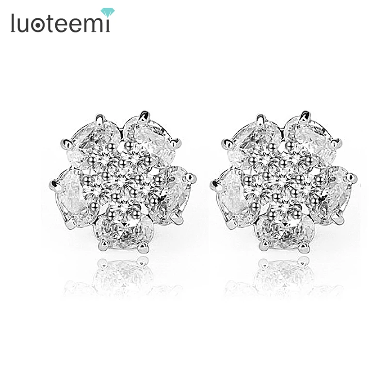 

LUOTEEMI Brand Hot Sell Peony Flower Classic Fashion AAA Cubic Zircon Stone Stud Earrings for Women Party Gift Factory Wholesale