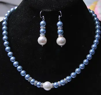 

8-12MM Blue Sea Shell Pearl Necklace + Pearl Earring Beads Girl Fashion Jewelry Set Making Natural Stone (Minimum Order1) 18inch
