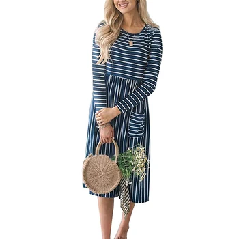 

Summer Dress Women 2019 Spring Long Sleeve Striped Dresses Knee-length O-neck Polka Dot Holiday Party Robe Ete Femme Vestidos