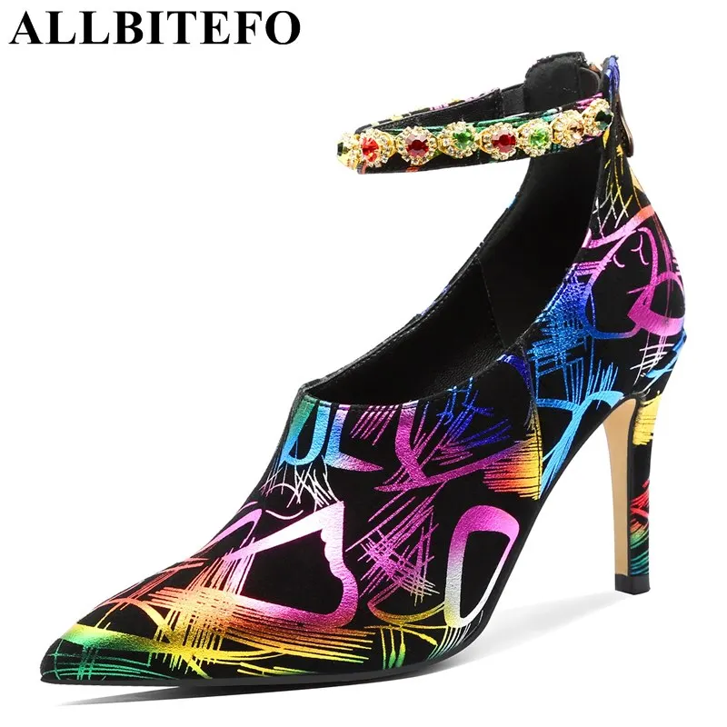 

ALLBITEFO new arrival fashion genuine leather sheepskin heels shoes woman colorful rhinestone design sexy women high heel shoes
