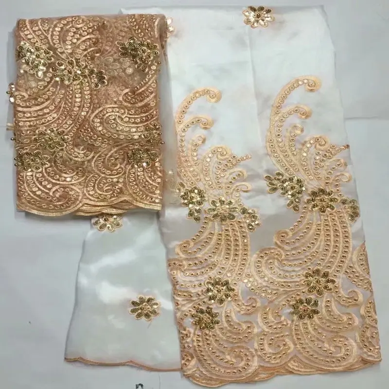 

African George Lace Fabric With Sequins High Quality White India George Lace Fabric With Beads For Wedding Dress ZGL15-3