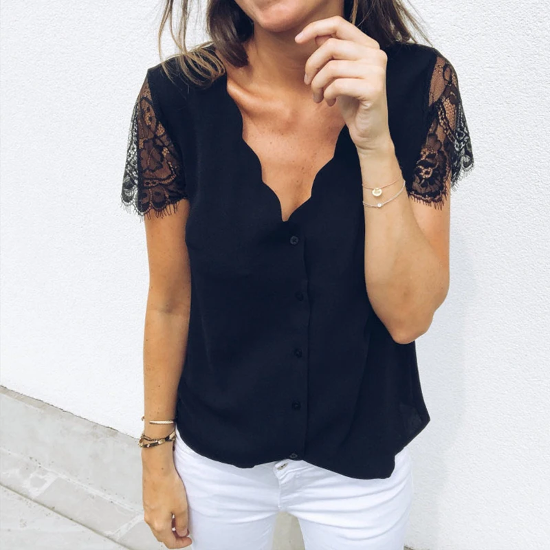 

Casual Women V Neck Shirt Lace Patchwork Blouse Summer Short Sleeve Chiffon Blouses Tops