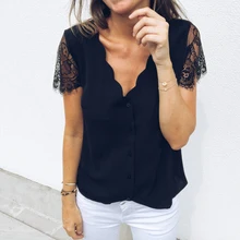 Casual Women V Neck Shirt Lace Patchwork Blouse Summer Short Sleeve Chiffon Blouses Tops chiffon patchwork short sleeve blouse