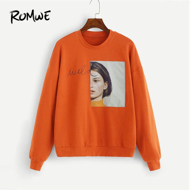 

ROMWE Figure Patched Letter Pullover Women Clothes 2019 Casual Spring Autumn Long Sleeve Round Neck Fashion Female Sweatshirts