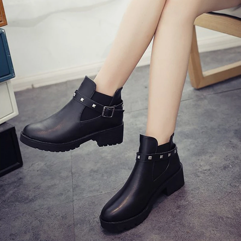 New Women Boots Autumn Winter Fashion Slip-on PU Leather Wear Both Mid Heels Ankle For Botas Buckle Round Toe Mujer | Обувь